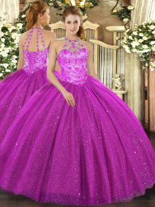 Modest Beading and Embroidery and Sequins Sweet 16 Quinceanera Dress Fuchsia Lace Up Sleeveless Floor Length