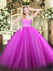 Chic Fuchsia Sleeveless Tulle Zipper 15th Birthday Dress for Military Ball and Sweet 16 and Quinceanera