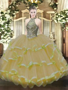 Super Halter Top Sleeveless Organza Ball Gown Prom Dress Beading and Ruffles Lace Up