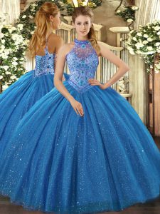 Graceful Blue Ball Gowns Tulle Halter Top Sleeveless Beading and Embroidery Floor Length Lace Up 15th Birthday Dress