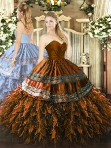 Brown 15 Quinceanera Dress Military Ball and Sweet 16 and Quinceanera with Embroidery and Ruffles Sweetheart Sleeveless Zipper