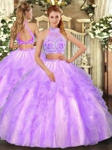 Admirable Lavender Two Pieces Tulle Halter Top Sleeveless Beading and Ruffled Layers Floor Length Criss Cross Quinceanera Dresses