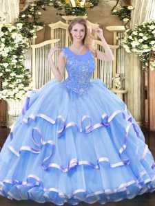 Ball Gowns Quinceanera Gowns Baby Blue Scoop Organza Sleeveless Floor Length Zipper