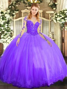 Low Price Long Sleeves Floor Length Lace Lace Up Sweet 16 Quinceanera Dress with Lavender
