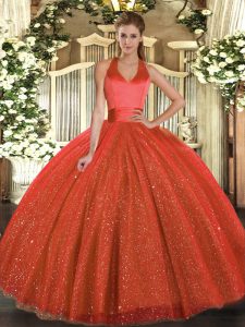 Suitable Rust Red Ball Gowns Tulle Halter Top Sleeveless Sequins Floor Length Lace Up Sweet 16 Dress