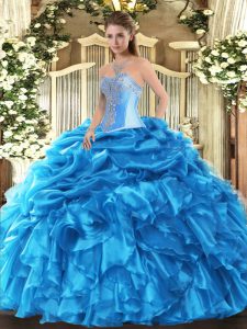 Baby Blue Ball Gowns Sweetheart Sleeveless Organza Floor Length Lace Up Beading and Ruffles and Pick Ups Sweet 16 Dresses