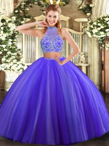 Purple Two Pieces Tulle Halter Top Sleeveless Beading Floor Length Criss Cross 15th Birthday Dress