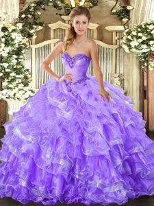 Fashionable Beading and Ruffled Layers Sweet 16 Dress Lavender Lace Up Sleeveless Floor Length