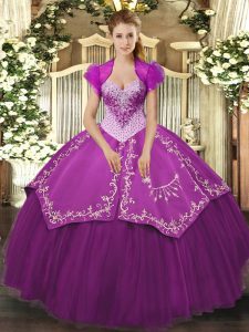Purple Satin and Tulle Lace Up Sweetheart Sleeveless Floor Length Quinceanera Dresses Beading and Embroidery