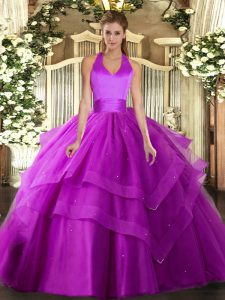 Best Selling Halter Top Sleeveless Lace Up Quinceanera Gowns Fuchsia Tulle