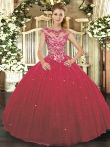 Glamorous Wine Red Ball Gowns Beading and Appliques Quince Ball Gowns Lace Up Tulle Cap Sleeves Floor Length