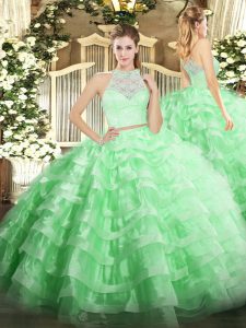Floor Length Zipper 15 Quinceanera Dress Apple Green for Military Ball and Sweet 16 and Quinceanera with Lace and Ruffled Layers