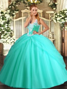 Simple Sleeveless Beading and Pick Ups Lace Up Quince Ball Gowns