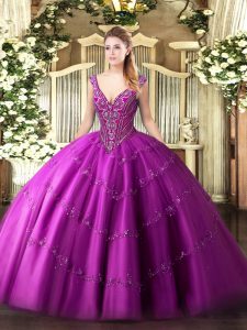 Fantastic Fuchsia Sleeveless Beading and Appliques Floor Length Quinceanera Dress