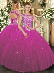 Cap Sleeves Lace Up Floor Length Beading and Appliques Sweet 16 Quinceanera Dress