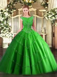 Designer Green Ball Gowns Tulle Scoop Sleeveless Beading and Appliques Floor Length Zipper Quinceanera Dress