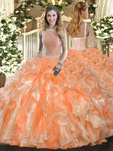 Orange Red Lace Up High-neck Beading and Ruffles Quinceanera Dresses Organza Sleeveless