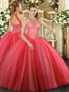 Latest Sleeveless Floor Length Beading Lace Up Quinceanera Gowns with Coral Red