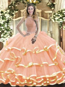 Organza High-neck Sleeveless Lace Up Beading and Ruffled Layers Sweet 16 Quinceanera Dress in Peach