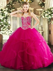 Hot Pink Ball Gowns Tulle Sweetheart Sleeveless Beading and Ruffles Floor Length Lace Up Sweet 16 Quinceanera Dress