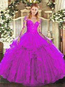 High Quality Scoop Long Sleeves Tulle Quince Ball Gowns Lace and Ruffles Lace Up