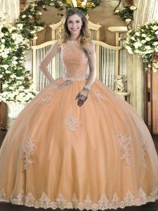 Peach Tulle Lace Up Sweet 16 Quinceanera Dress Sleeveless Floor Length Beading and Appliques