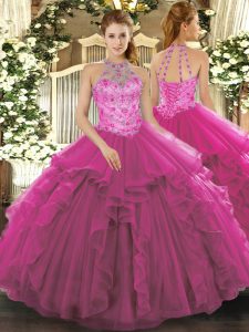 Popular Fuchsia Ball Gowns Beading Ball Gown Prom Dress Lace Up Organza Sleeveless Floor Length