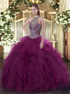 Floor Length Fuchsia Sweet 16 Dresses Halter Top Sleeveless Lace Up