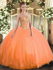Orange Ball Gowns Embroidery Quinceanera Dress Lace Up Tulle Sleeveless Floor Length