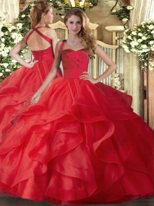 Simple Tulle Sleeveless Floor Length Quince Ball Gowns and Ruffles
