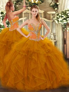 Sexy Floor Length Brown Quince Ball Gowns Tulle Sleeveless Beading and Ruffles