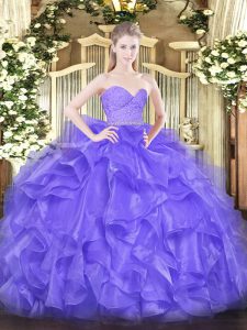 Custom Designed Lavender Organza Zipper 15th Birthday Dress Sleeveless Floor Length Beading and Lace and Ruffles