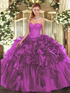 Exquisite Purple Sleeveless Floor Length Beading and Ruffles Lace Up Sweet 16 Dress