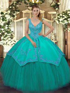 Hot Selling Taffeta and Tulle V-neck Sleeveless Zipper Beading and Embroidery Quinceanera Gown in Turquoise