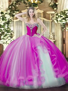 Best Selling Beading and Ruffles Quince Ball Gowns Fuchsia Lace Up Sleeveless Floor Length