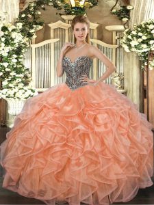 Attractive Orange Sleeveless Beading and Ruffles Floor Length Ball Gown Prom Dress