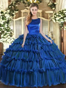 Ideal Royal Blue Scoop Neckline Ruffled Layers 15 Quinceanera Dress Sleeveless Lace Up