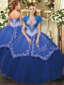 Blue Ball Gowns Beading and Embroidery Quinceanera Dress Lace Up Satin and Tulle Sleeveless Floor Length