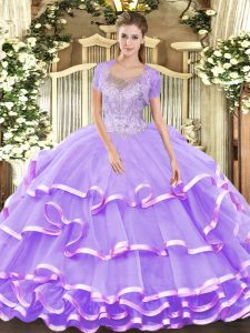 Floor Length Lace Up Quinceanera Gowns Lavender for Military Ball and Sweet 16 and Quinceanera with Beading and Ruffled Layers