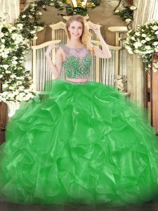 Green Two Pieces Organza Scoop Sleeveless Beading and Ruffles Floor Length Lace Up Ball Gown Prom Dress