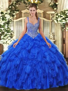 Flare Royal Blue Lace Up Straps Beading and Ruffles 15 Quinceanera Dress Organza Sleeveless