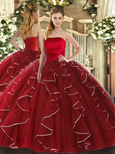 Shining Wine Red Tulle Lace Up Quinceanera Dresses Sleeveless Floor Length Ruffled Layers