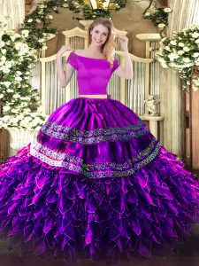 Cheap Two Pieces Vestidos de Quinceanera Eggplant Purple Off The Shoulder Organza and Taffeta Short Sleeves Floor Length Zipper
