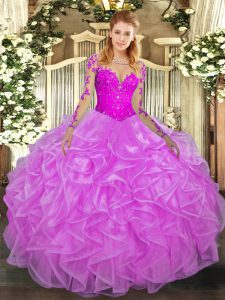 Free and Easy Lilac Quinceanera Gown Military Ball and Sweet 16 and Quinceanera with Lace and Ruffles Scoop Long Sleeves Lace Up