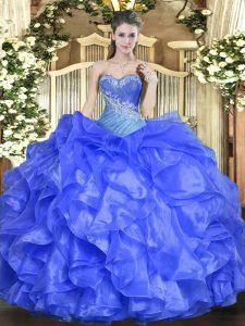 New Arrival Blue Organza Lace Up Sweetheart Sleeveless Floor Length 15th Birthday Dress Beading and Ruffles