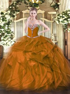 Brown Ball Gowns Sweetheart Sleeveless Organza Floor Length Lace Up Beading and Ruffles 15th Birthday Dress