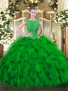 Hot Selling Green Organza Zipper Scoop Sleeveless Floor Length Vestidos de Quinceanera Beading and Ruffles