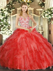 Coral Red 15 Quinceanera Dress Sweet 16 and Quinceanera with Beading and Ruffles Straps Sleeveless Lace Up