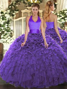 Stylish Purple Halter Top Lace Up Ruffles 15 Quinceanera Dress Sleeveless