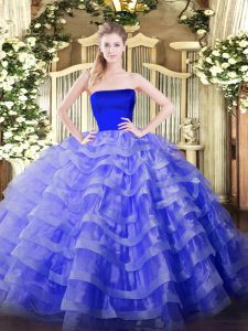 Inexpensive Blue Ball Gowns Tulle Strapless Sleeveless Ruffled Layers Floor Length Zipper Quinceanera Gowns